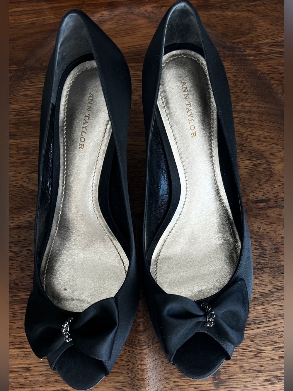 Ann Taylor Black Satin Peep-Toe Pumps with Bow